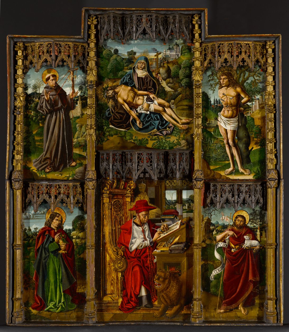 Altare portatile: Pietà, Santi Francesco, Sebastiano, Giovanni Evangelista, Girolamo e Giovanni Battista, c.1500 da Bartolomé Bermejo