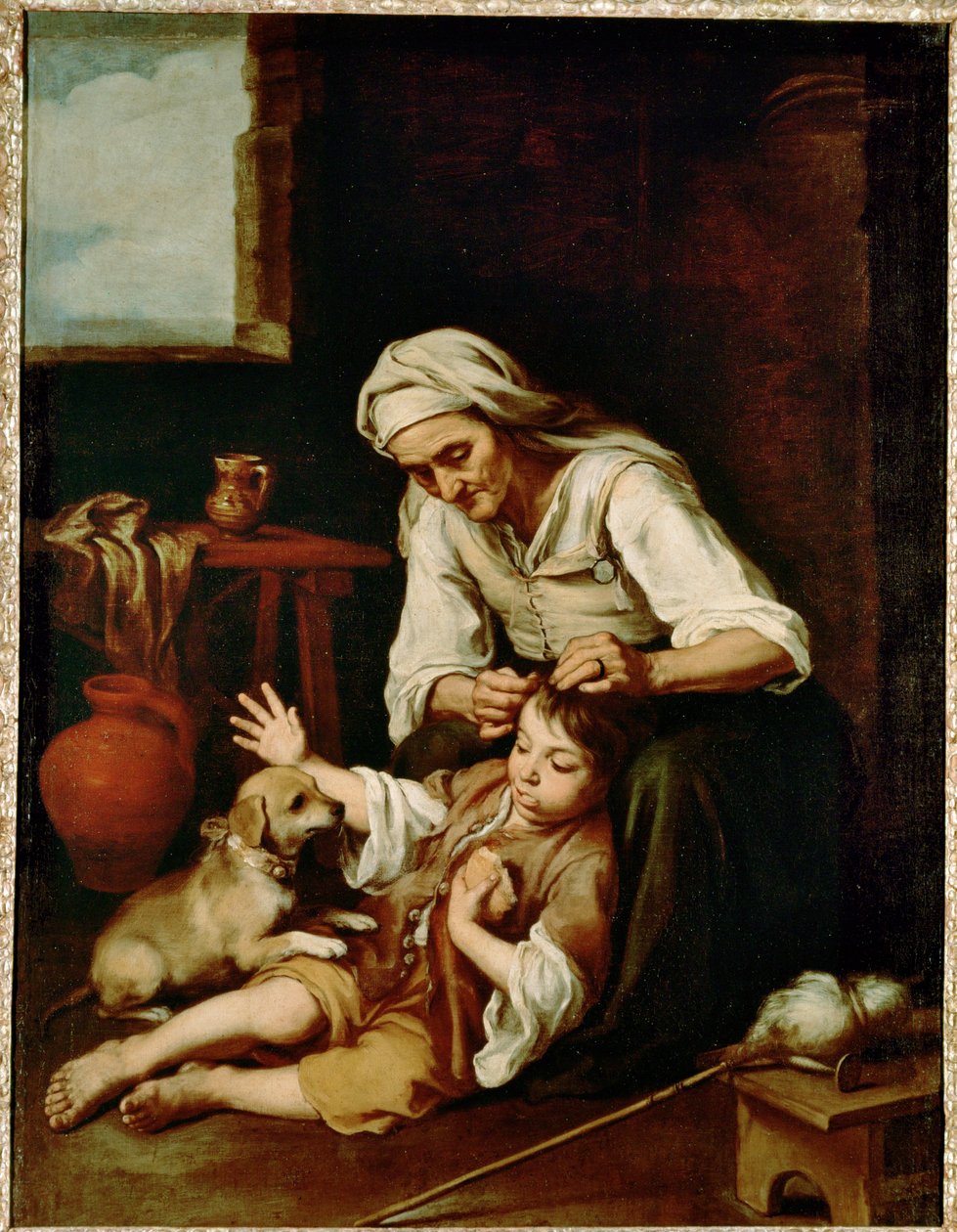 Vieja espulgando a un nino - una donna anziana che pulisce i capelli di un ragazzo ... (dipinto su tela) da Bartolomé Esteban Murillo