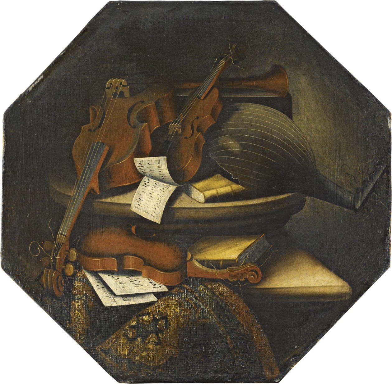 Una natura morta con un liuto, un violoncello, un violino e spartiti musicali su un cornicione di pietra accanto a un tappeto da Bartolomeo Bettera