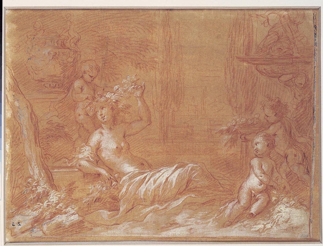 Ninfa reclinata in un giardino con fontana, vaso e tre cupidi da Bartolomeo Biscaino