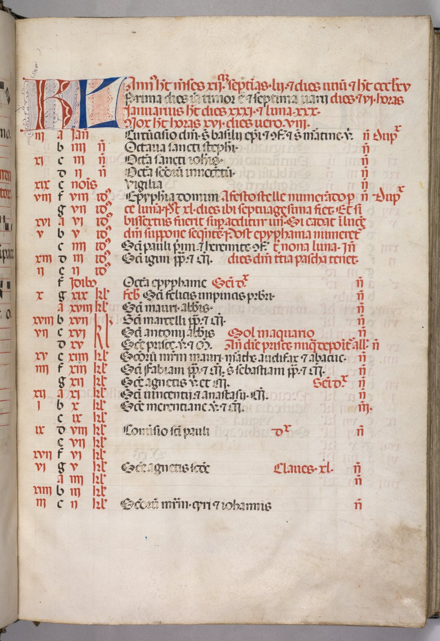 Missale: Fol. 3r: Pagina del calendario di gennaio, 1469 da Bartolomeo Caporali
