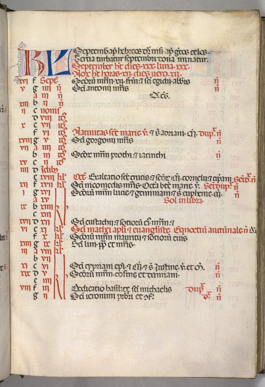 Messale: Fol. 7r: Pagina del calendario di settembre da Bartolomeo Caporali