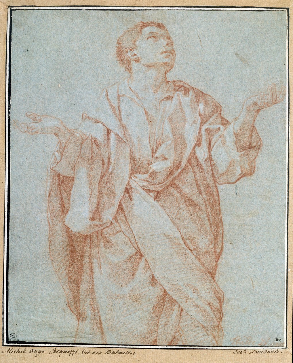 Uomo con drappeggio, braccia aperte, occhi rivolti al cielo, testa inclinata da Bartolomeo Cesi