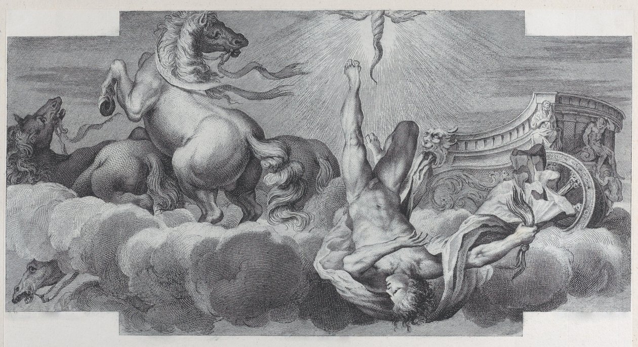 Auriga, il cocchiere, cade dal carro al centro, con tre cavalli a l..., 1756 da Bartolomeo Crivellari, Gabriel Söderling