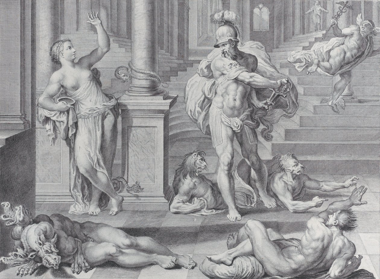 Tavola 10: Ulisse costringe Circe a ripristinare le forme umane dei suoi compagni, che lei aveva..., 1756 da Bartolomeo Crivellari