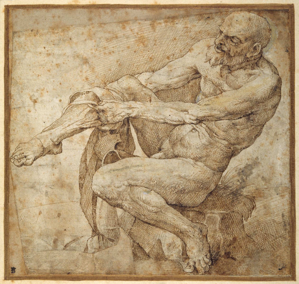 Uomo nudo che si tira su la calza, dopo Marcantonio Raimondi e Michelangelo Buonarroti da Bartolomeo Passarotti
