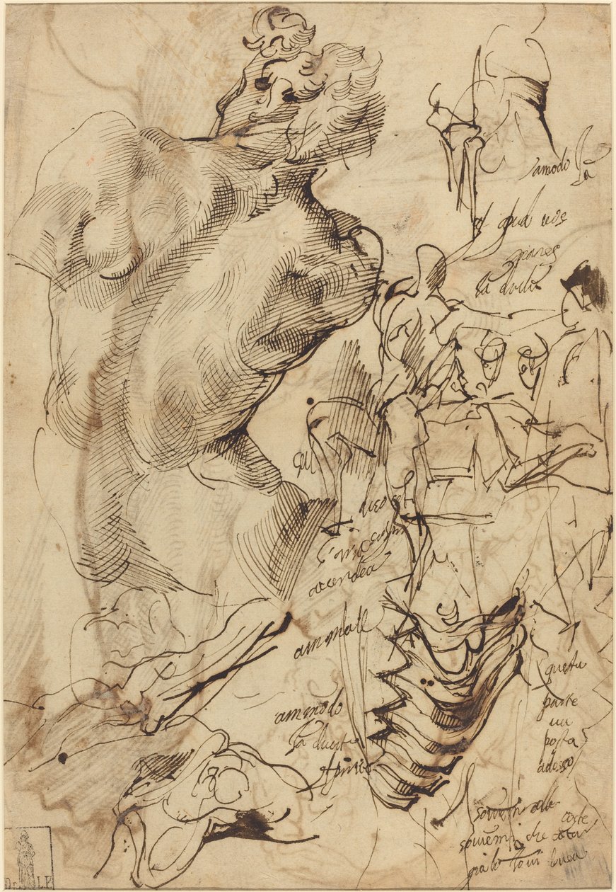 Studi di una scultura di un nudo maschile, vertebre e figure gesticolanti da Bartolomeo Passarotti