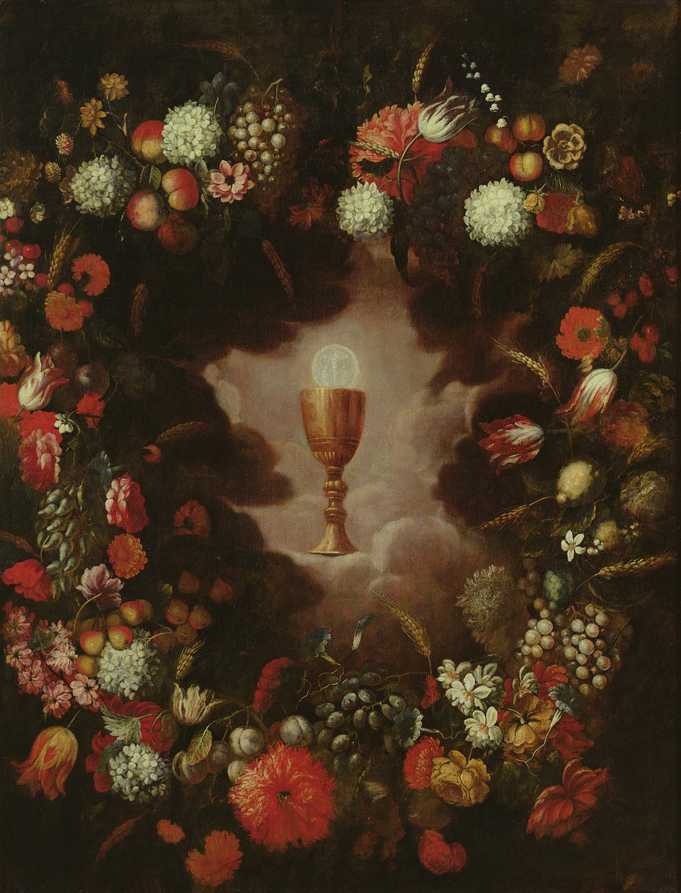Calice circondato da fiori e frutti da Bartolomeo Perez