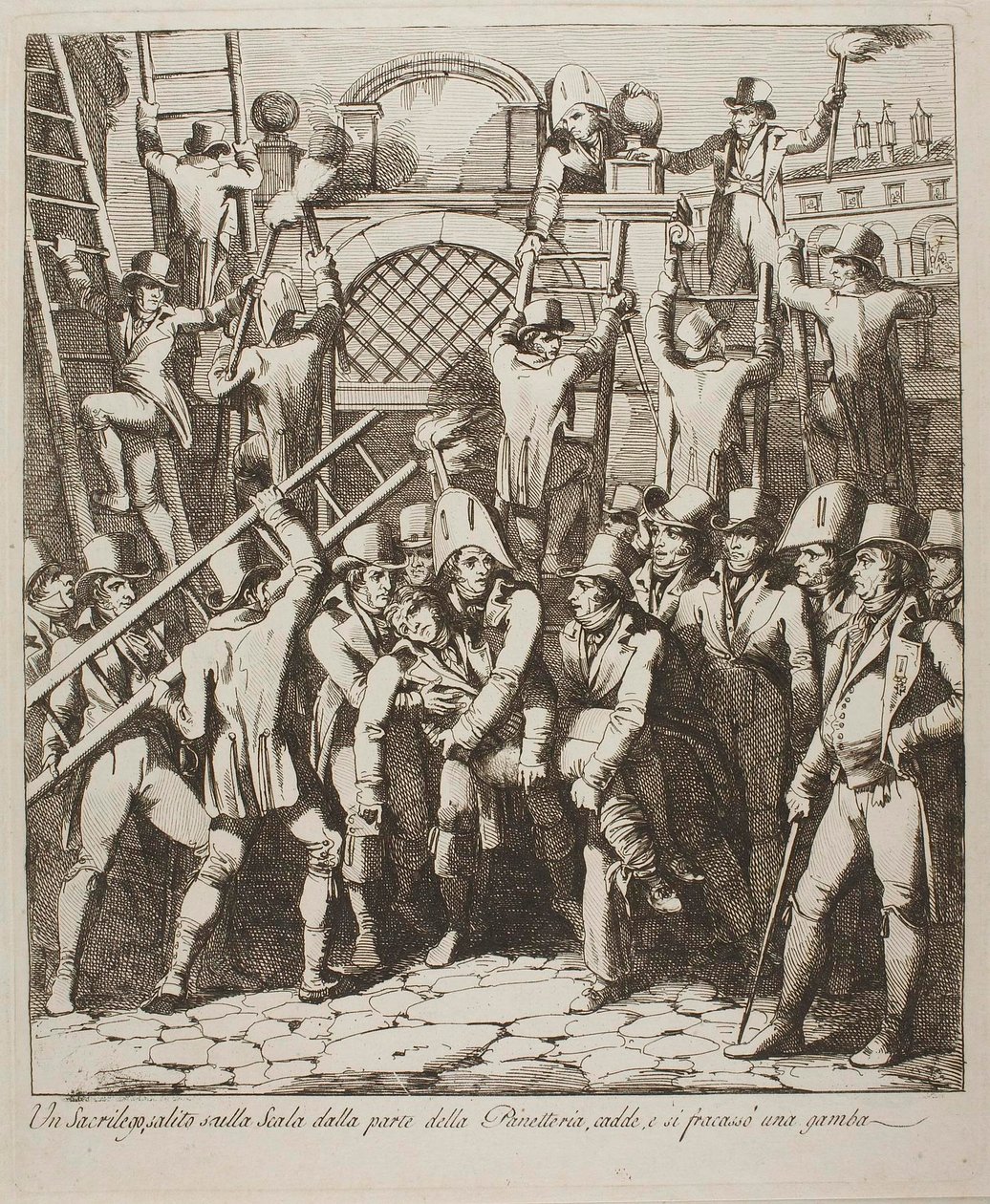 Un bestemmiatore si rompe una gamba scavalcando le mura del Vaticano, 6 luglio 1809 da Bartolomeo Pinelli