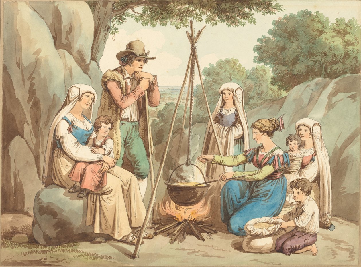 Una famiglia di contadini che cucina su un falò da Bartolomeo Pinelli