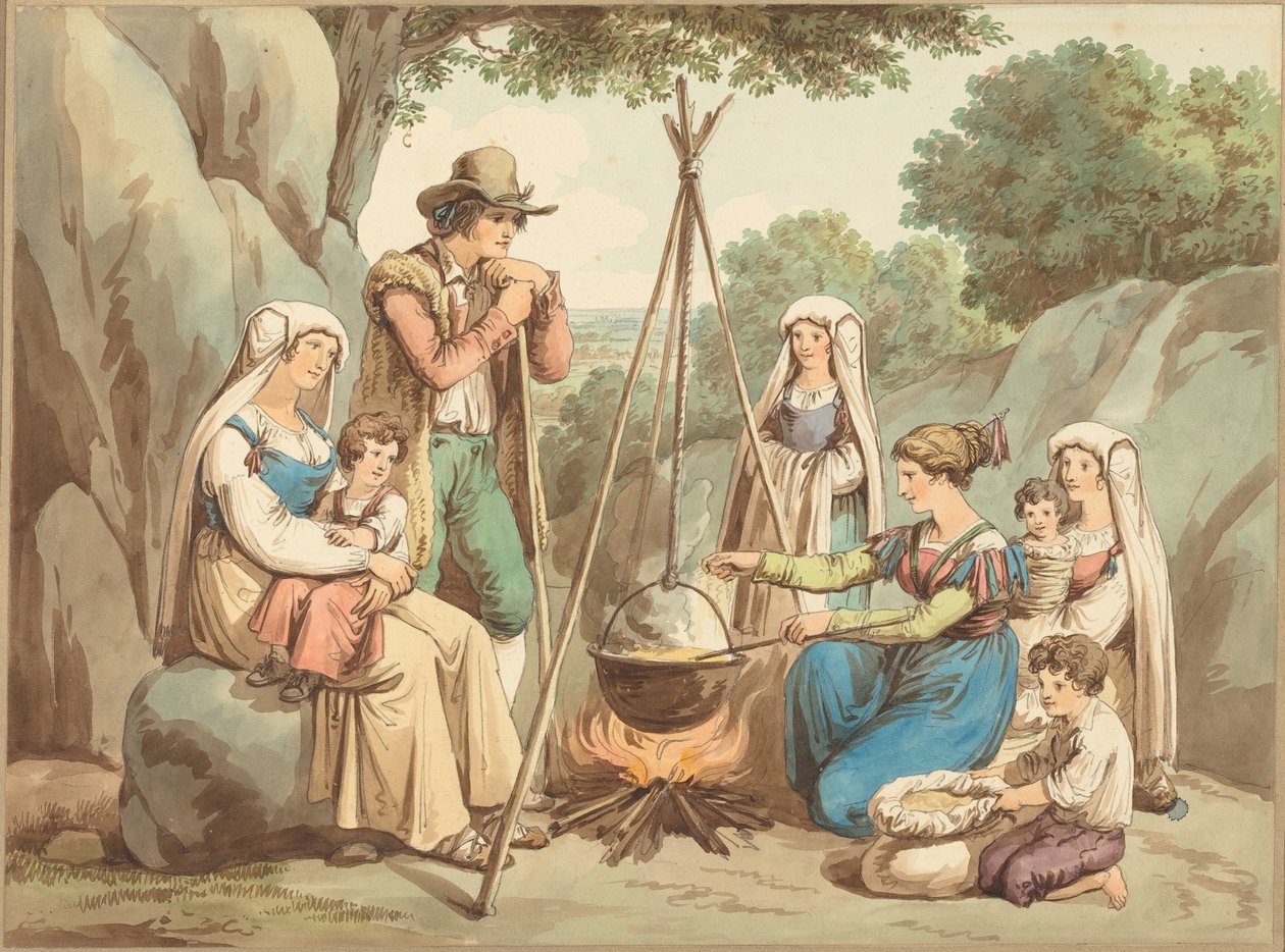 Una famiglia di contadini che cucina su un falò da Bartolomeo Pinelli