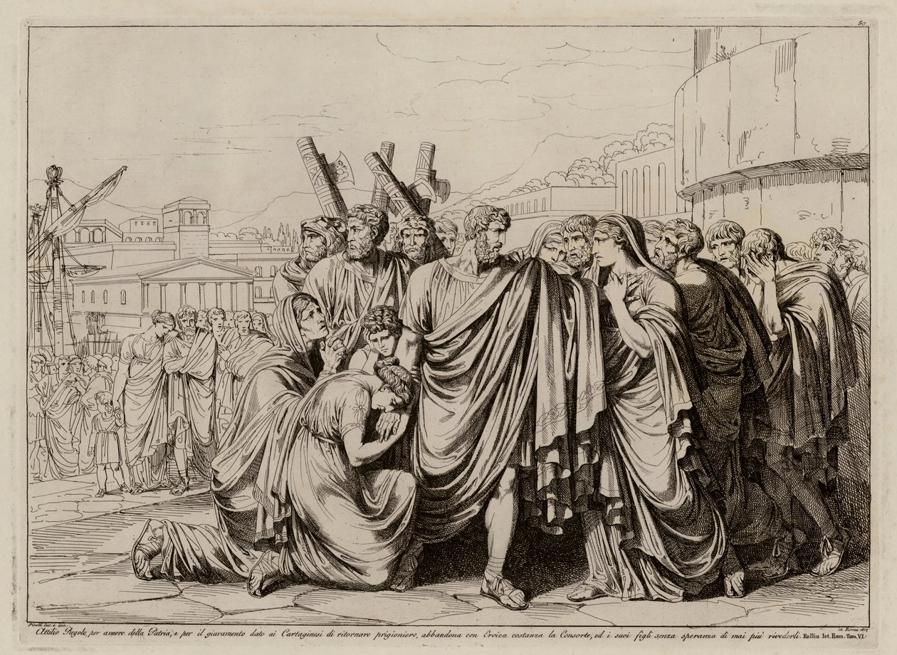 Atilio Regolo si prepara a lasciare Roma per tornare in cattività a Cartagine (acquaforte) da Bartolomeo Pinelli