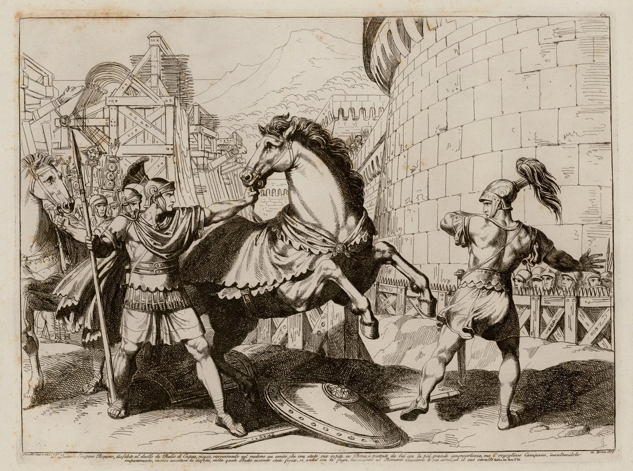 Badius di Capua fugge dopo una battaglia con Titus Quinctius Crispinus Sulpicianus (incisione) da Bartolomeo Pinelli