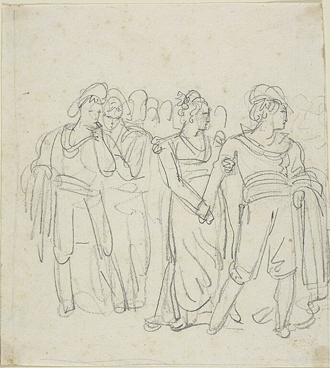 Capo brigante trattenuto da una donna (recto); schizzo di due figure in un paesaggio (verso) da Bartolomeo Pinelli