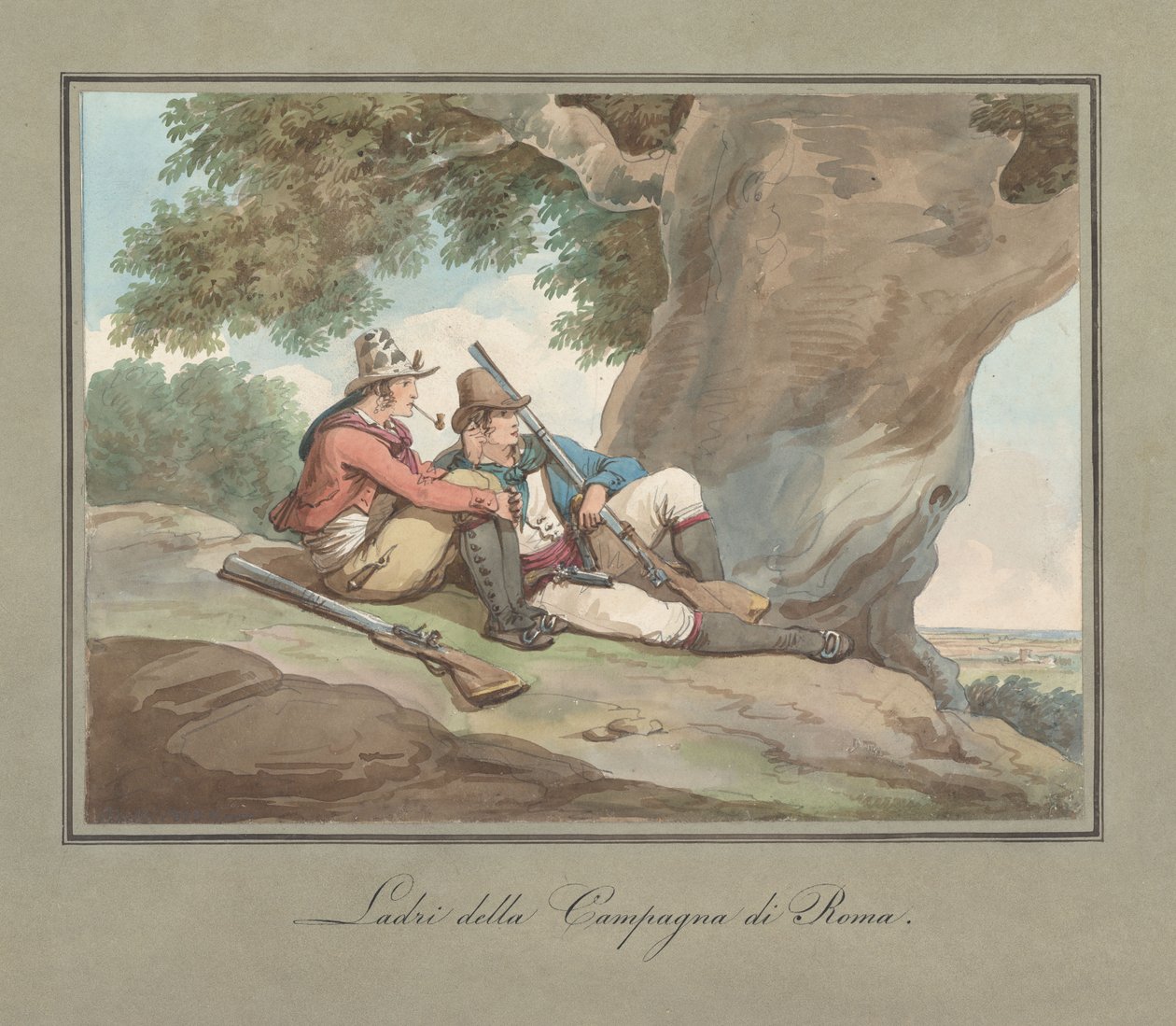 Briganti a riposo nella Campagna, illustrazione tratta da “Costumi e usanze romane” da Bartolomeo Pinelli