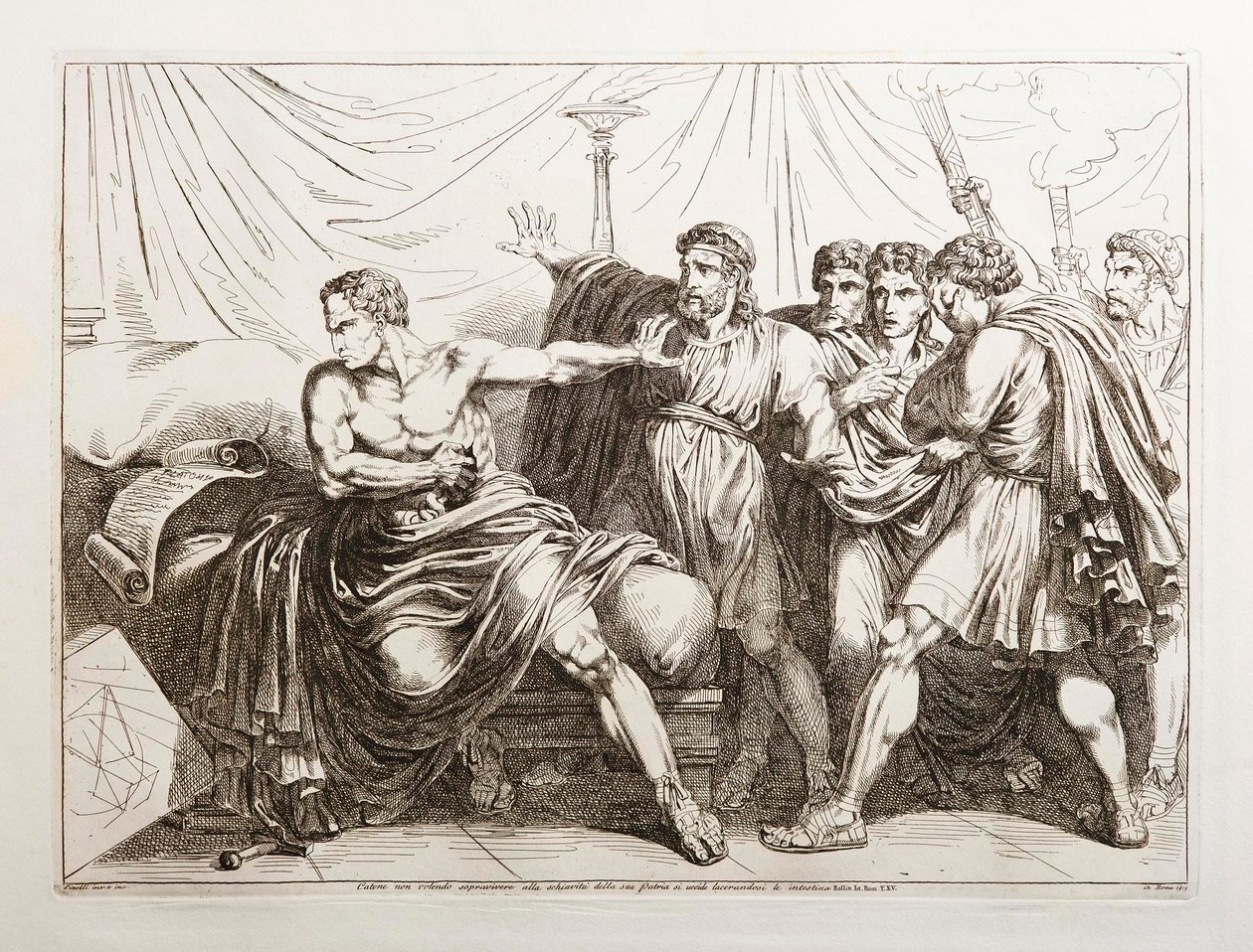 Cato, non volendo sopravvivere alla schiavitù nella sua terra natale, si toglie la vita strappandosi le viscere da Bartolomeo Pinelli