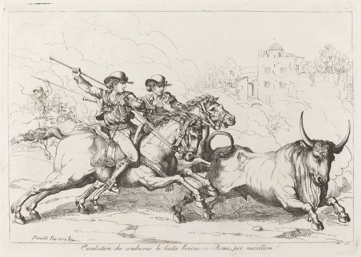 Cavalcature che conducono le bestie bovine a Roma, per macellare (Tavola 16) da Bartolomeo Pinelli