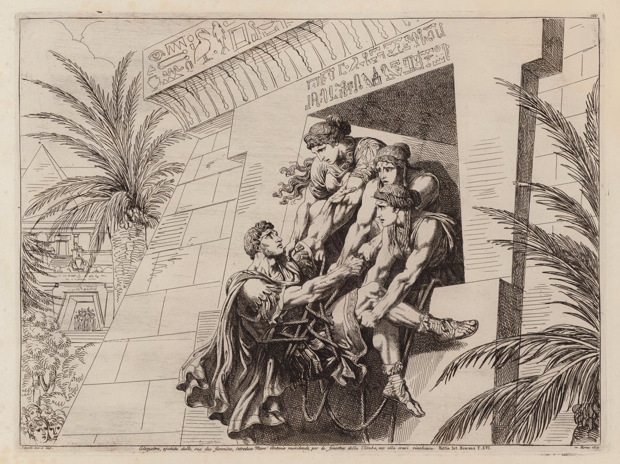 Cleopatra e le sue compagne sollevano Marco Antonio morente nella tomba (incisione) da Bartolomeo Pinelli
