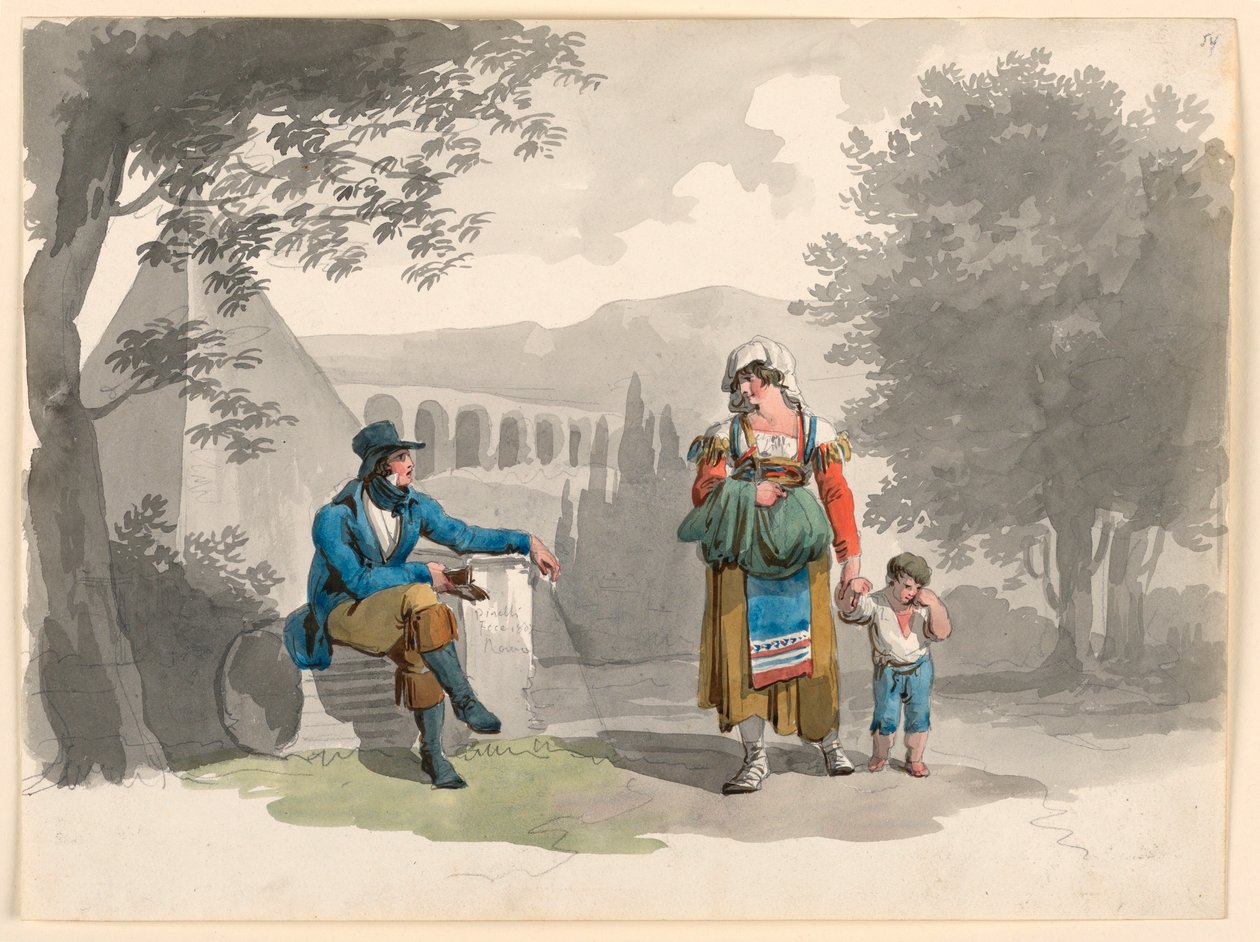 Disegno, una donna che tiene per mano un bambino che passa davanti a un gentiluomo seduto tra le rovine della Campagna, 1807 da Bartolomeo Pinelli