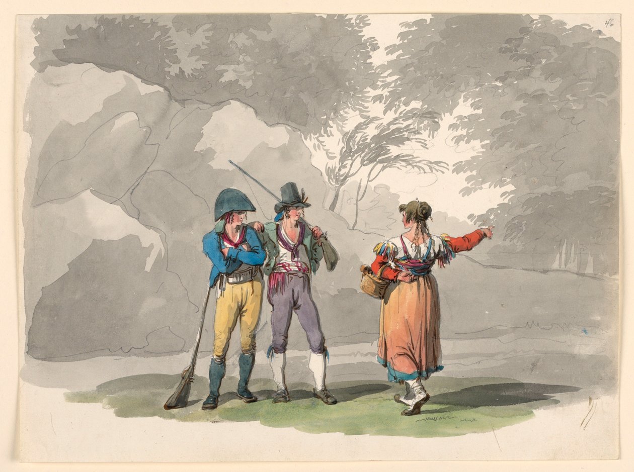 Disegno, Una donna e due uomini armati. Costumi del Regno di Napoli, 1807-08 da Bartolomeo Pinelli