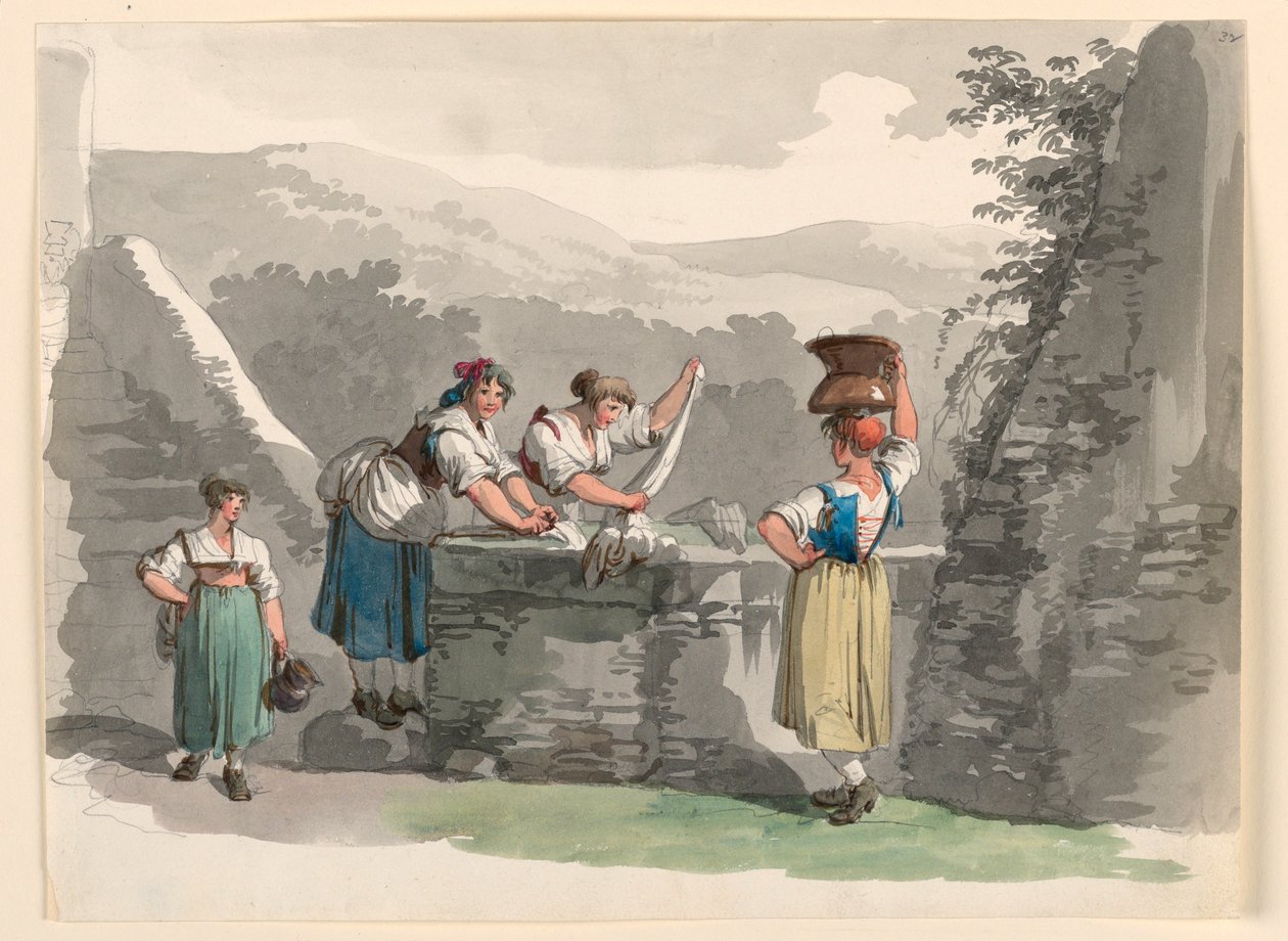 Disegno, Lavanderia nelle montagne vicino a Roma, 1807-08 da Bartolomeo Pinelli
