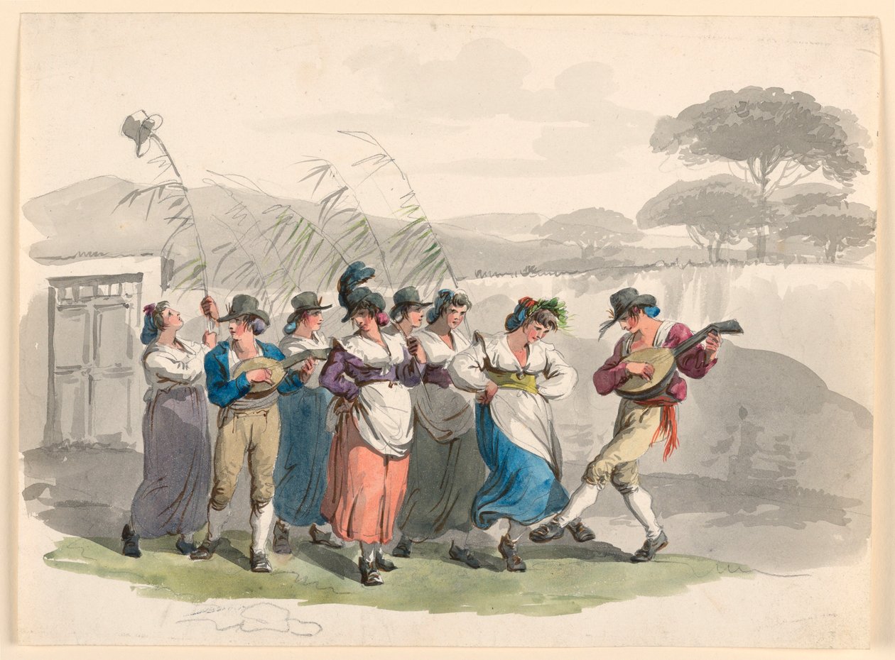 Disegno, "Saltarello Romano", Contadini danzanti nel quartiere di Roma, 1807-08 da Bartolomeo Pinelli