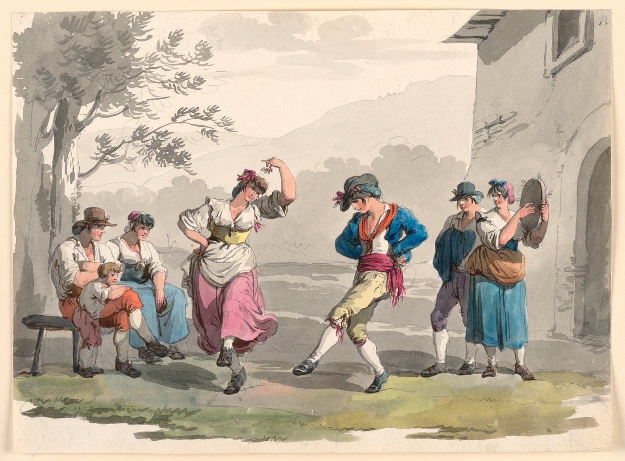 Disegno, "Saltarello Romano", Contadini danzanti nel quartiere di Roma, 1807-08 da Bartolomeo Pinelli
