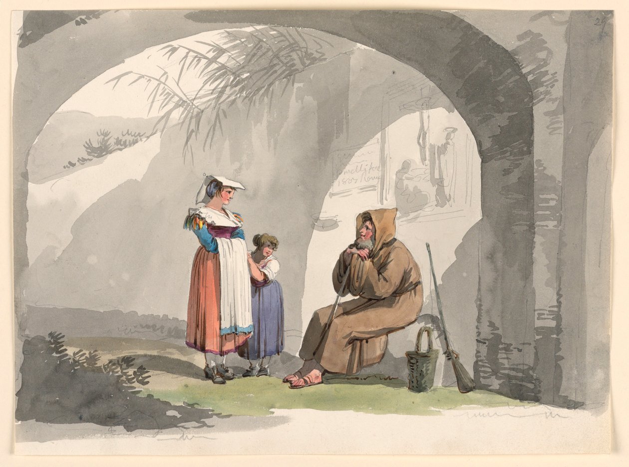 Disegno, Due ragazze di Frascati visitano un eremita, 1807 da Bartolomeo Pinelli