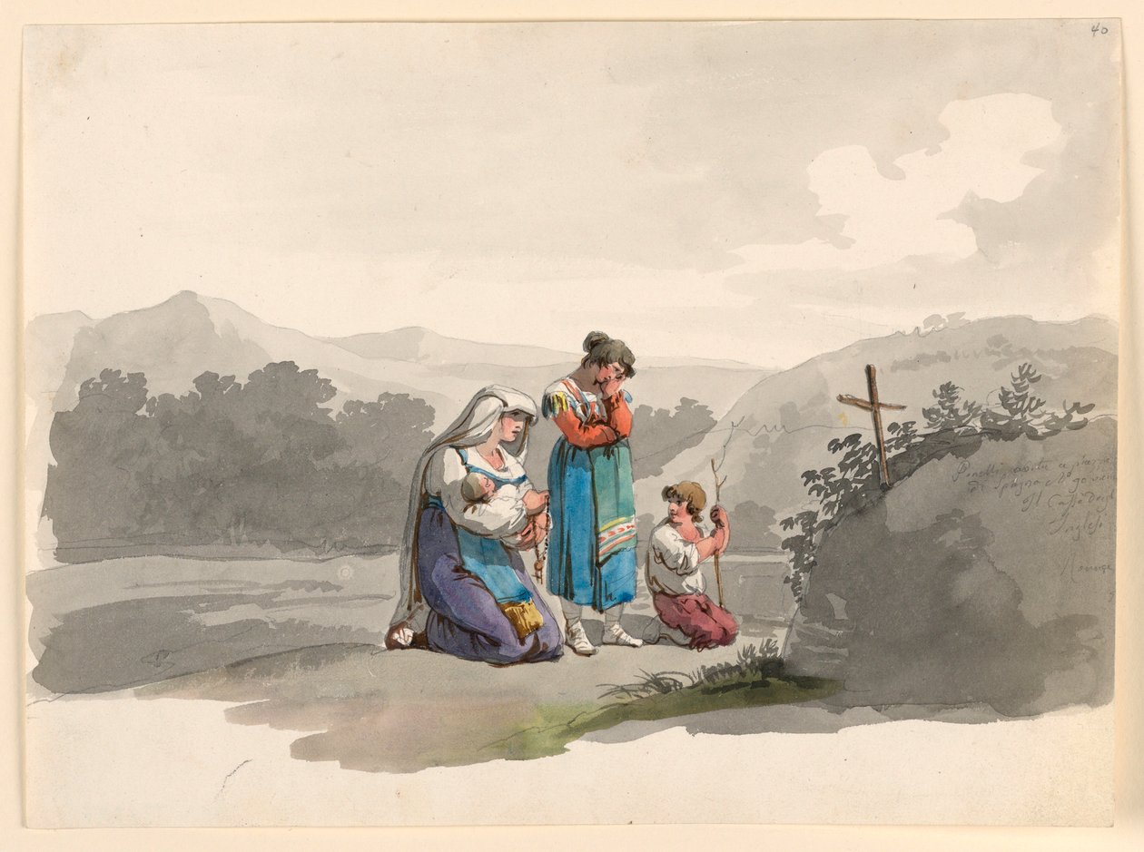 Disegno, donna con bambino che prega davanti alla croce che segna il luogo in cui fu ucciso il marito, 1807-08 da Bartolomeo Pinelli