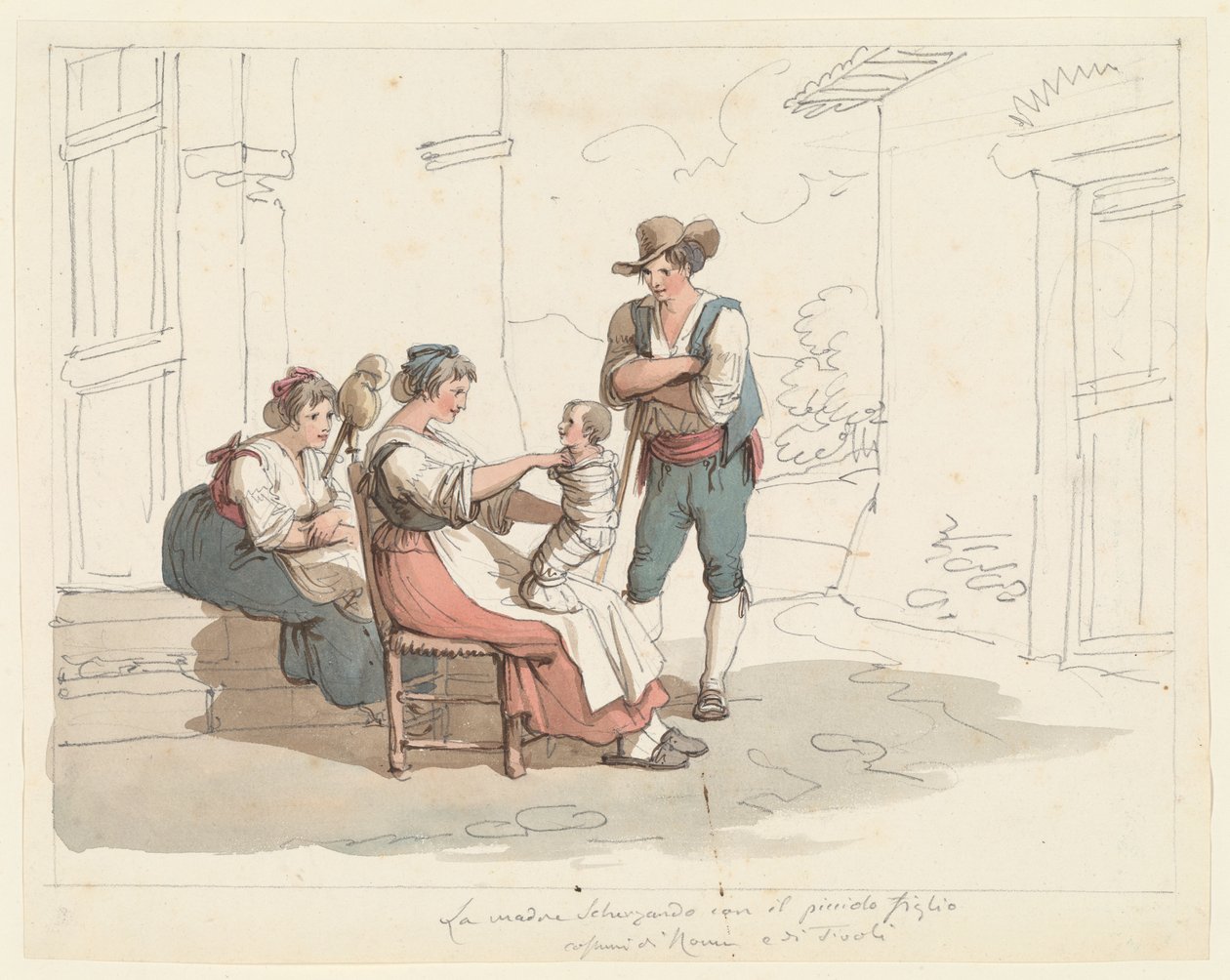 Scena familiare con madre e figlio, illustrazione per "Costumi e usanze romane" da Bartolomeo Pinelli