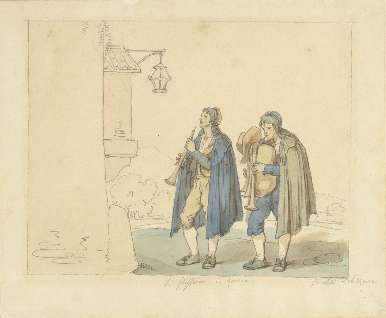 Suonatore di flauto e suonatore di cornamusa davanti a una casa da Bartolomeo Pinelli