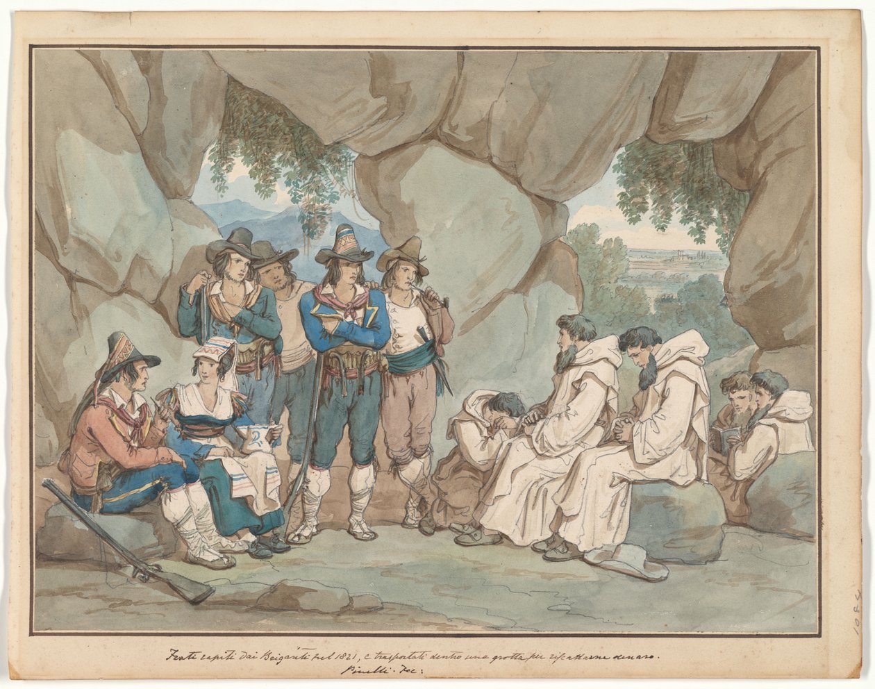 «Frati» catturato dai briganti e tenuto in una grotta, illustrazione per Costumi e usanze romane da Bartolomeo Pinelli