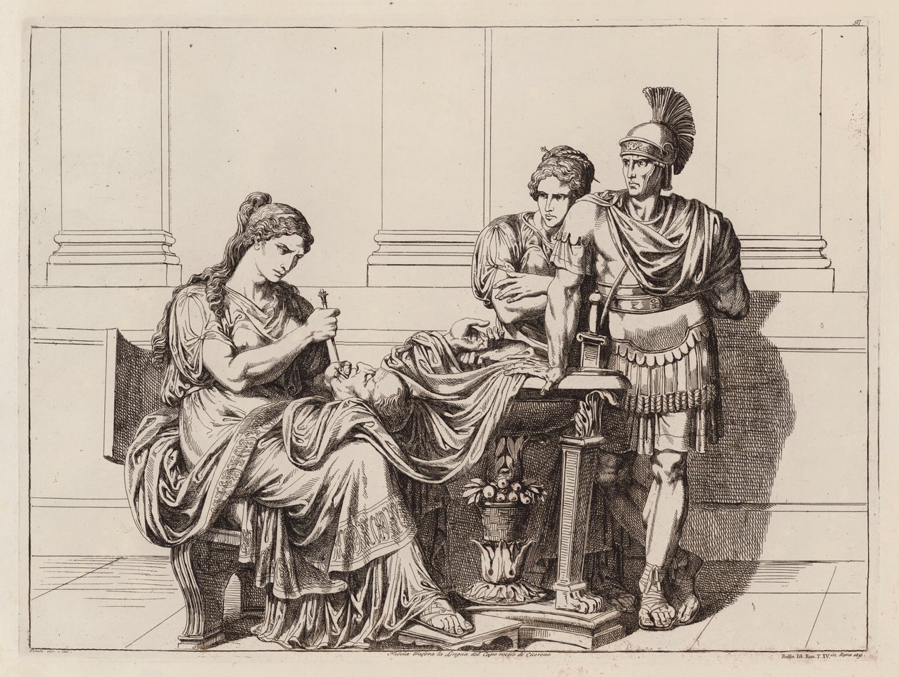 Fulvia che trafigge la lingua della testa mozzata di Cicerone, 43 a.C. (incisione) da Bartolomeo Pinelli