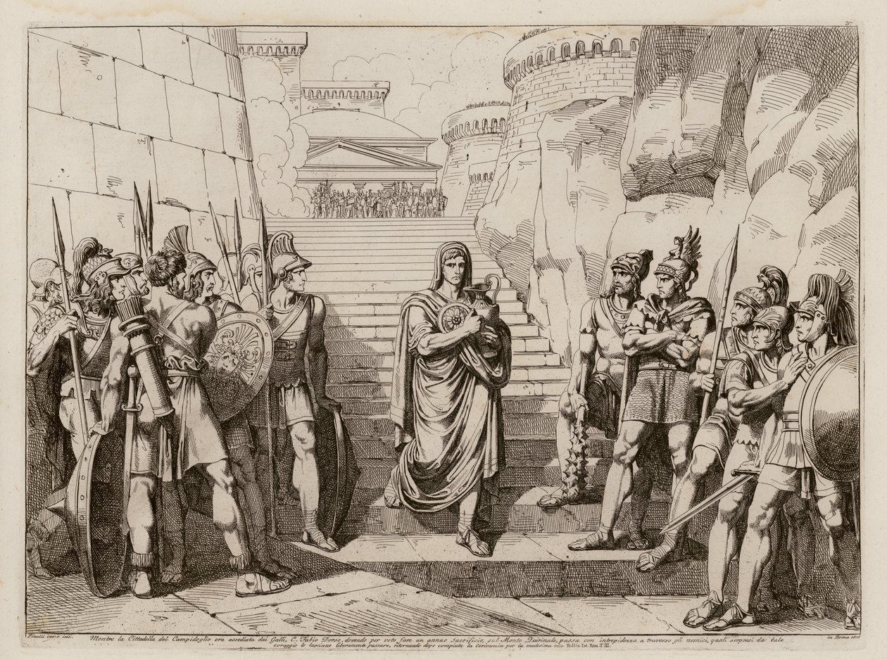 Gaio Fabio Dorsuo passa indisturbato davanti ai Galli mentre si reca a compiere un sacrificio, 390 a.C. (incisione) da Bartolomeo Pinelli