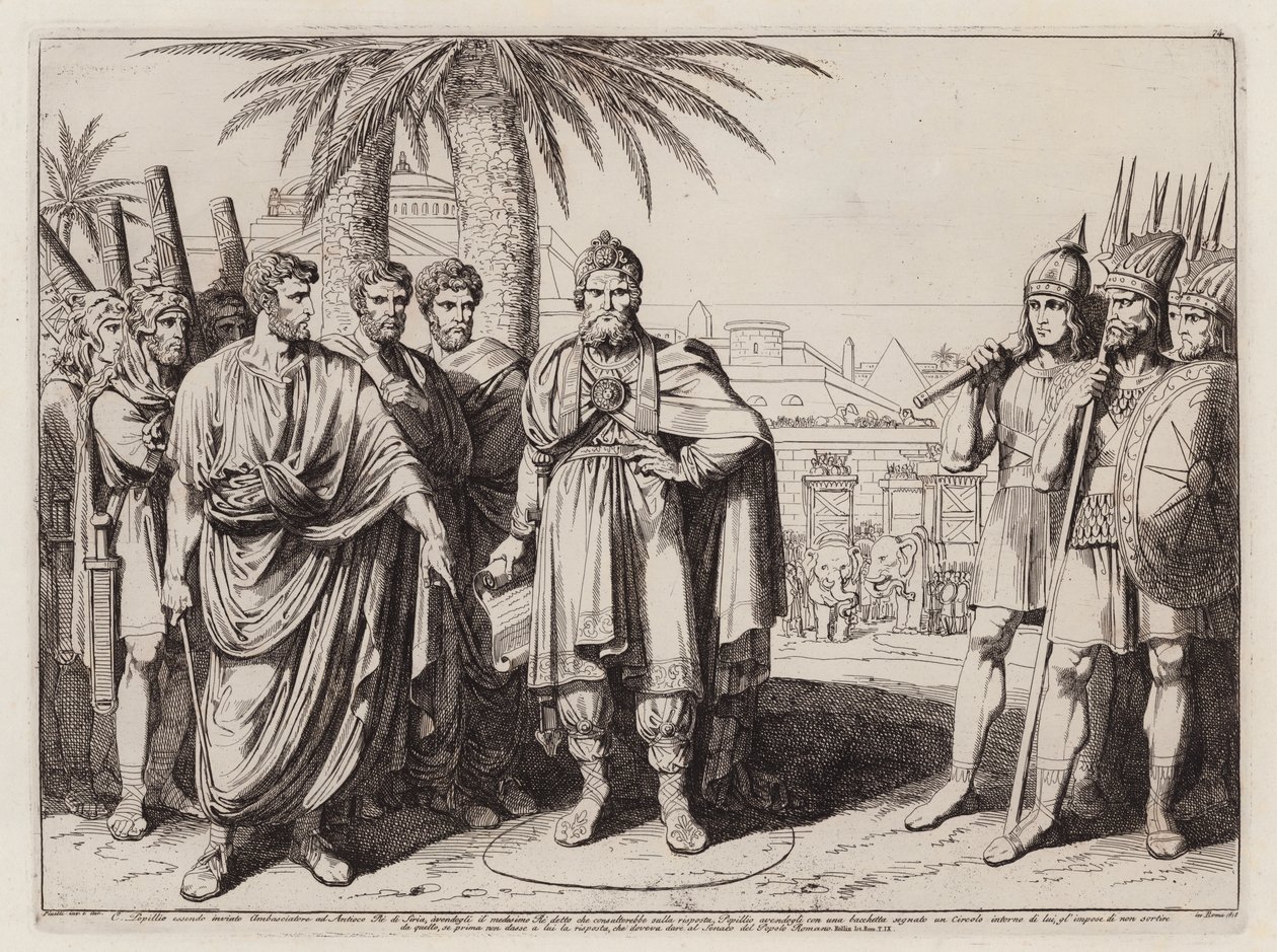 Gaio Popillius Laenas disegna un cerchio nella sabbia intorno ad Antioco IV Epifane (incisione) da Bartolomeo Pinelli