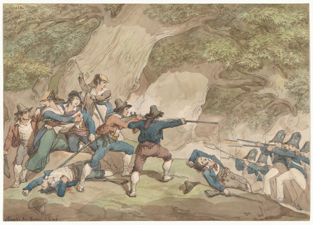 Gendarmi del Regno di Napoli in lotta contro i calabresi, illustrazione per Costumi e usanze romane da Bartolomeo Pinelli