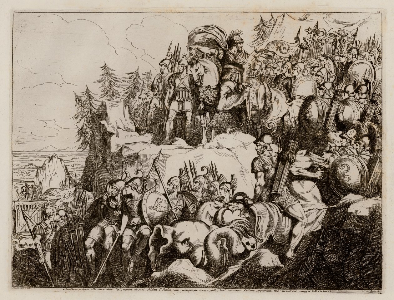 Annibale attraversa le Alpi in Italia, 218 a.C. (acquaforte) da Bartolomeo Pinelli