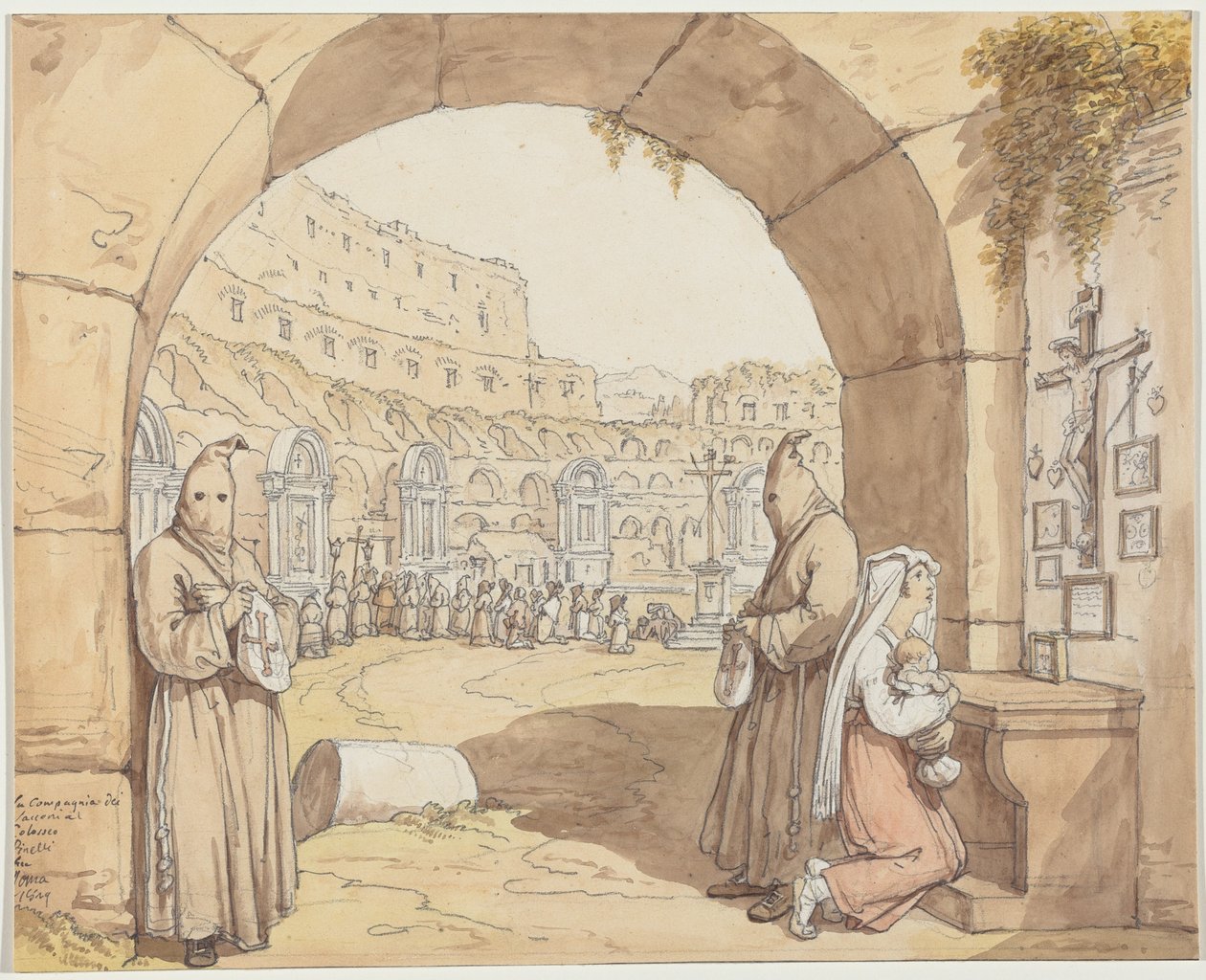 La Compagnia dei sacconi al Colosseo (Penitenti in preghiera davanti agli altari del Colosseo) da Bartolomeo Pinelli