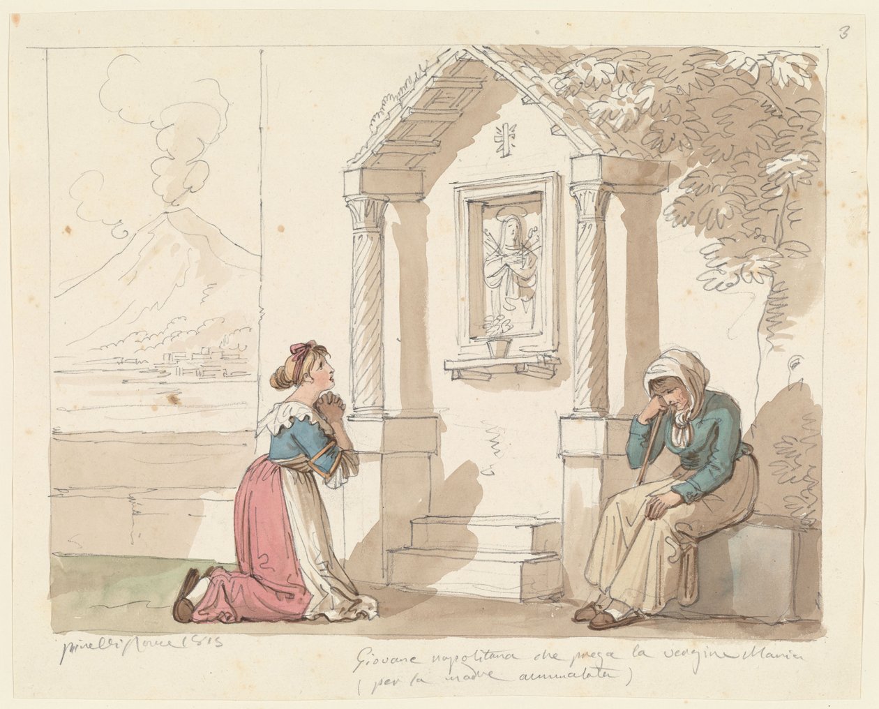 Una donna napoletana che prega la Vergine per la madre malata, illustrazione tratta da *Costumi e usanze romane* da Bartolomeo Pinelli
