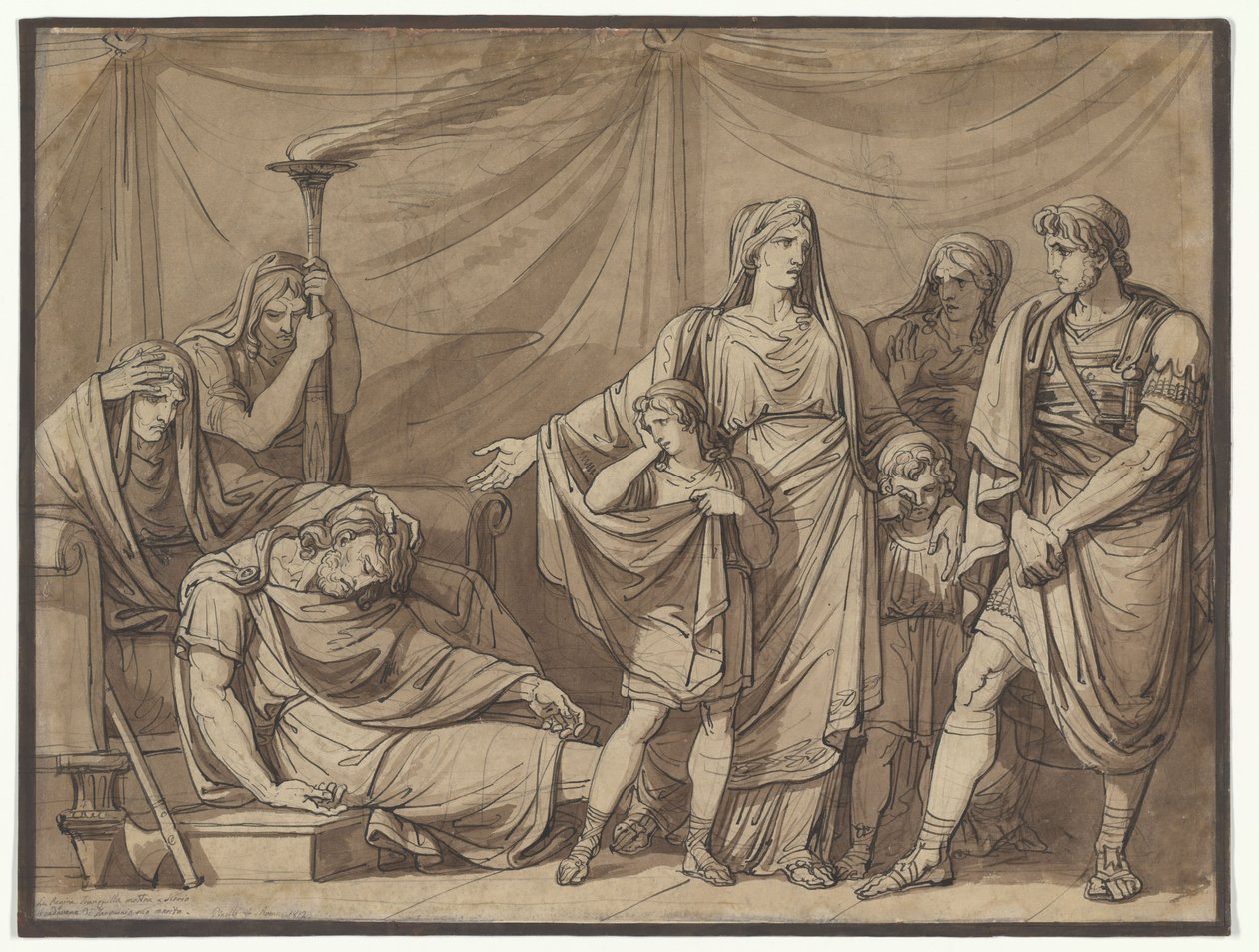 Alla regina Tranquilla viene mostrato il cadavere del marito Tarquinio, illustrazione tratta dall’*Istoria Romana* di Charles Rollin da Bartolomeo Pinelli