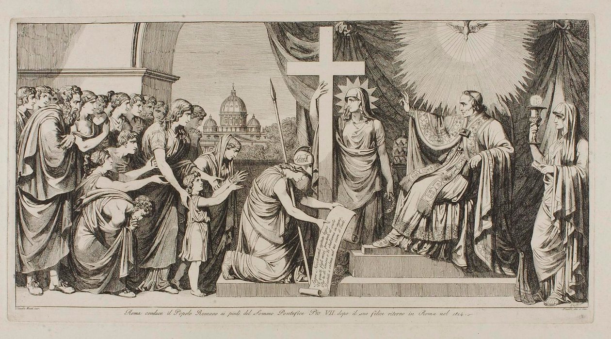 Roma conduce il popolo romano a Pio VII dopo il suo ritorno a Roma nel 1814 da Bartolomeo Pinelli