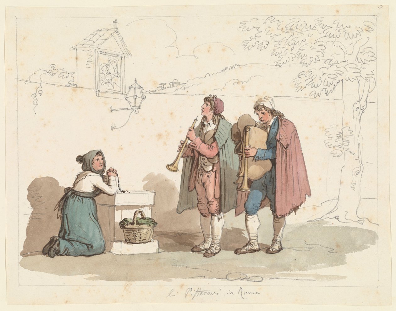 Il suonatore di cornamusa e il pifferaio a Roma, illustrazione per Costumi e usanze romane da Bartolomeo Pinelli