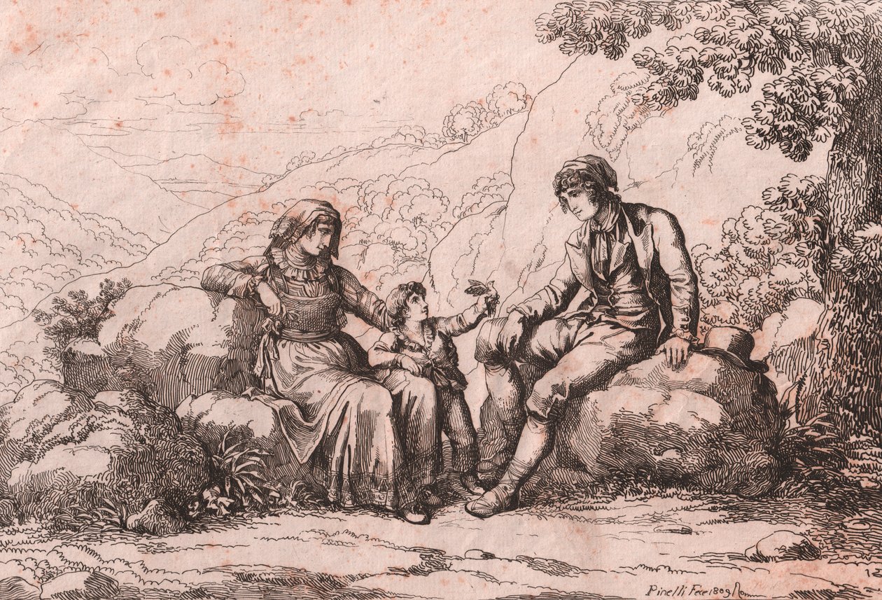 Due popolani con un bambino, Schiavi, Abruzzo, incisione di Bartolomeo Pinelli da Bartolomeo Pinelli