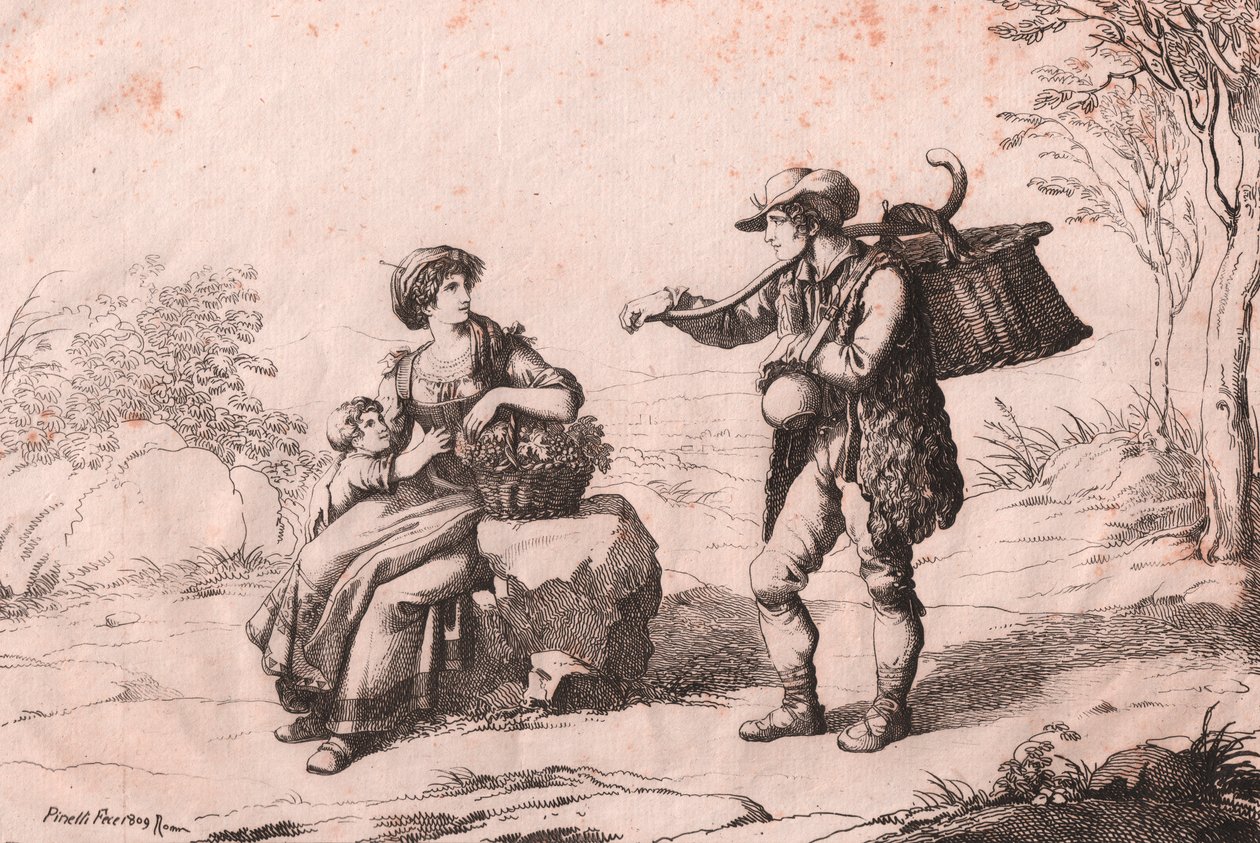 Donna di Pietra Terrazzana in costumi tradizionali, Abruzzo, e gioncataro (venditore di caciotte), incisione di Bartolomeo Pinelli da Bartolomeo Pinelli
