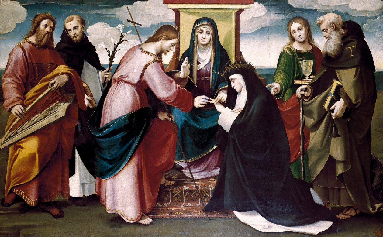 Il matrimonio mistico di Santa Caterina da Siena con Cristo, e i Santi Giovanni Battista, Antonio Abate, Domenico, Re Davide e la Vergine Maria, c. 1517 da Bartolomeo called Bagnacavallo Ramenghi
