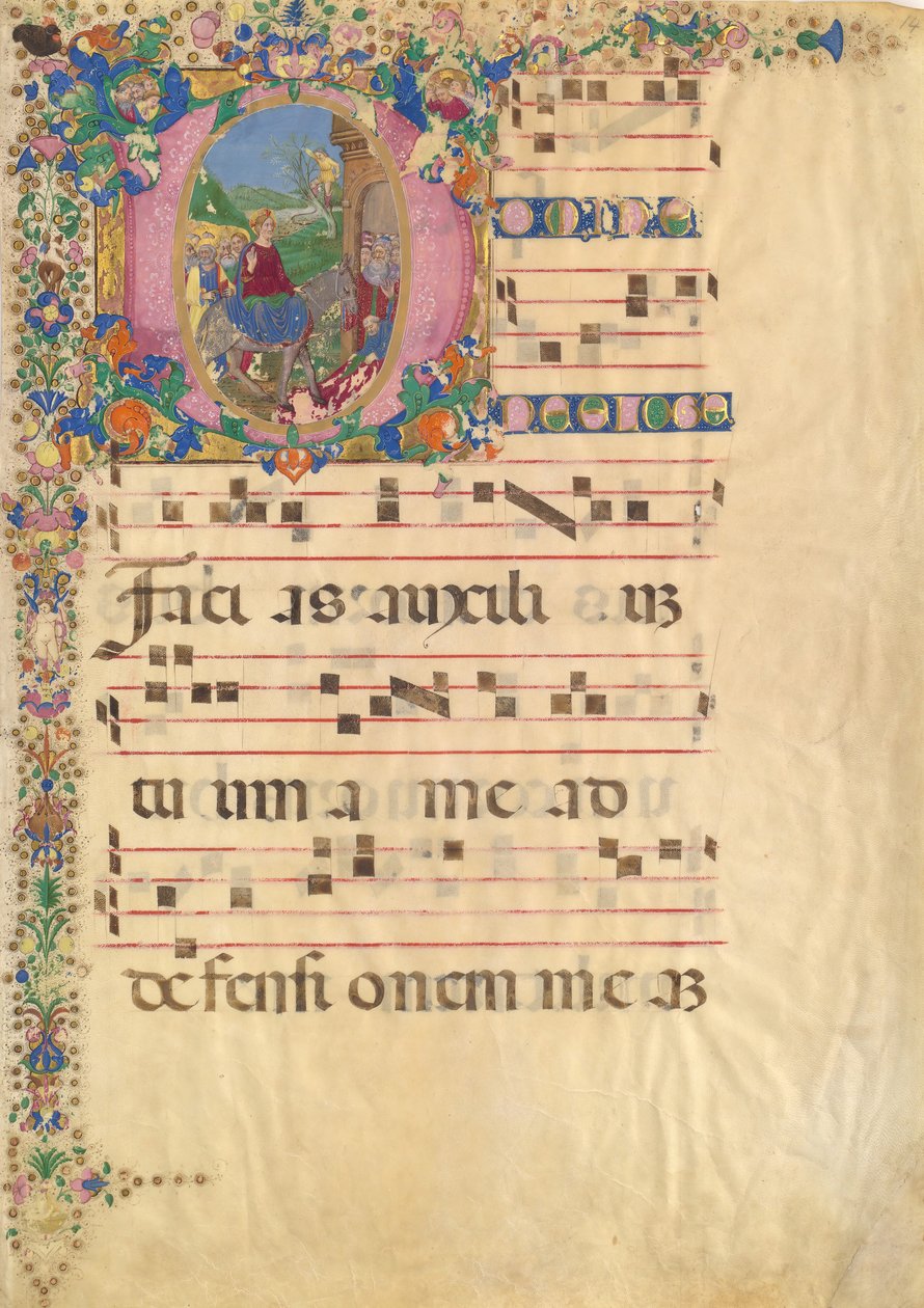 Foglio di manoscritto con ingresso a Gerusalemme la Domenica delle Palme in una iniziale D, XV-XVI secolo da Bartolomeo di Domenico di Guido
