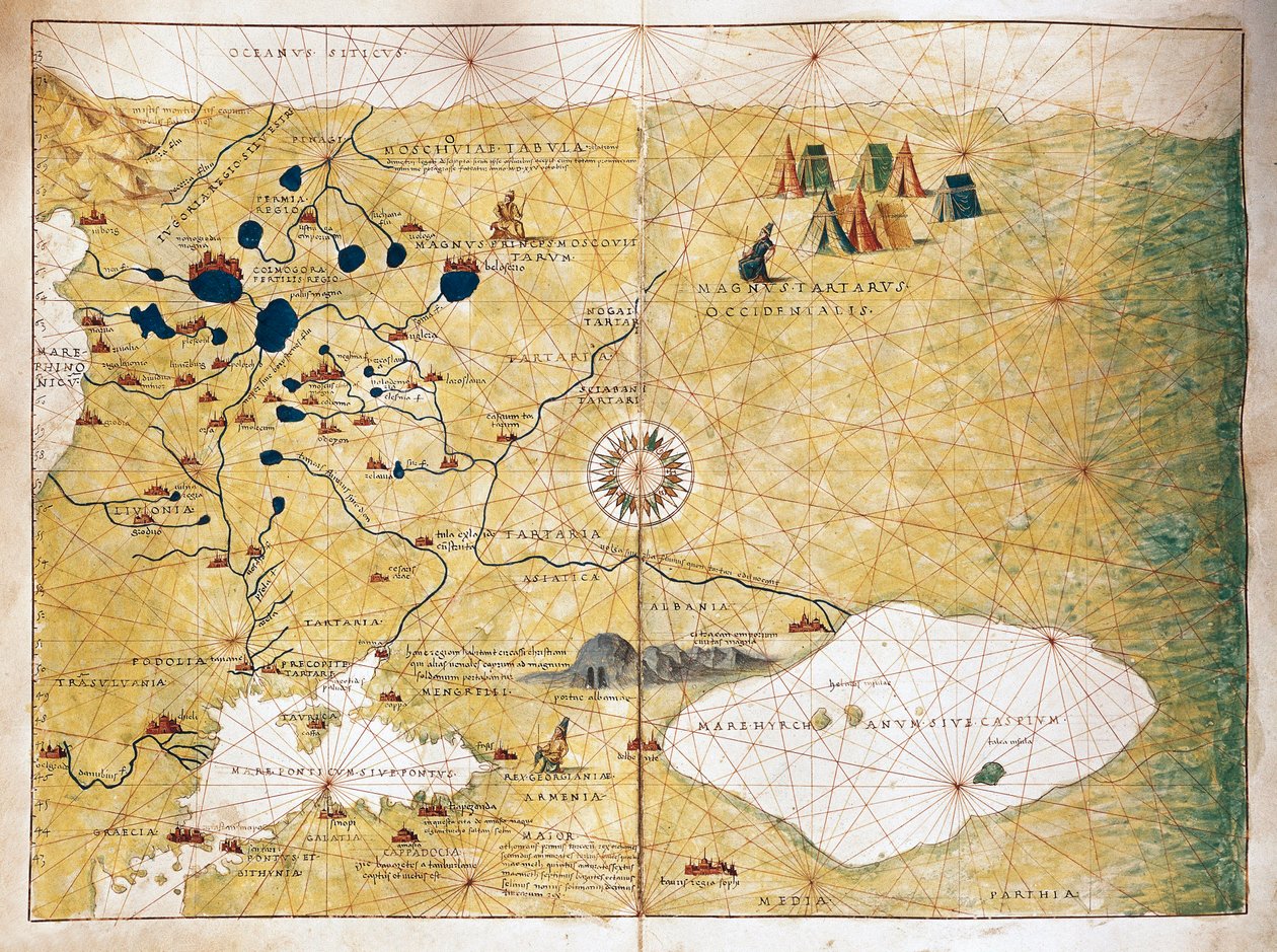 Moschoviae Tabula, mappa della Russia e delle città europee lungo il fiume Volga da Battista Agnese