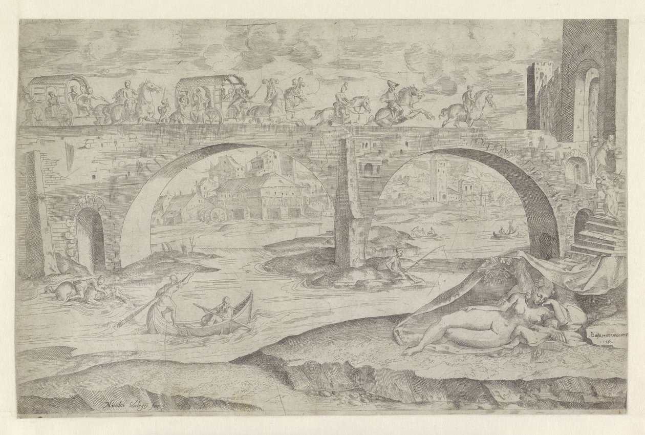 Venere e Amore in una scena urbana con un ponte da Battista Angolo del Moro
