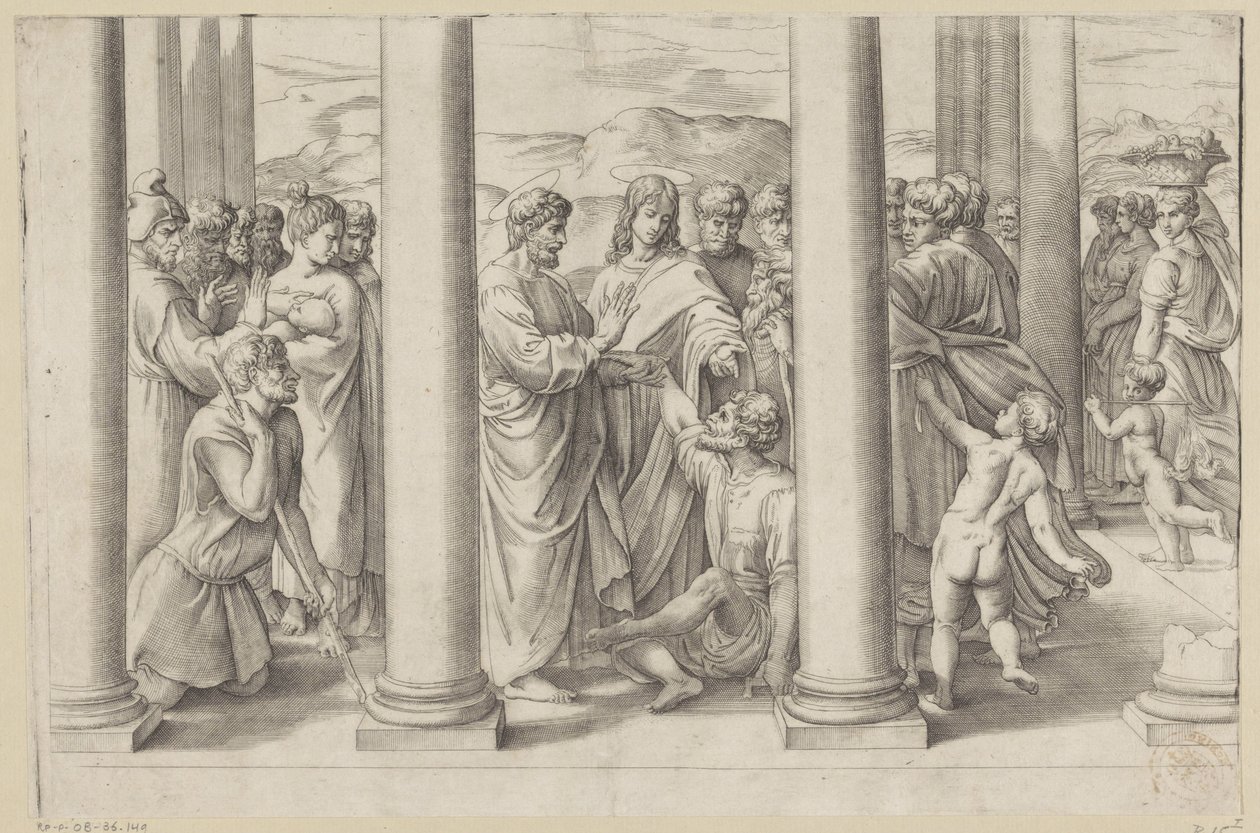 San Pietro e San Giovanni guariscono uno storpio in un tempio da Battista Franco