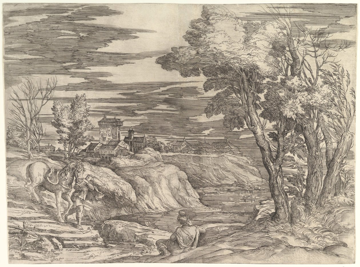 Paesaggio con un Cavaliere e il Suo Stalliere da Battista Franco Veneziano
